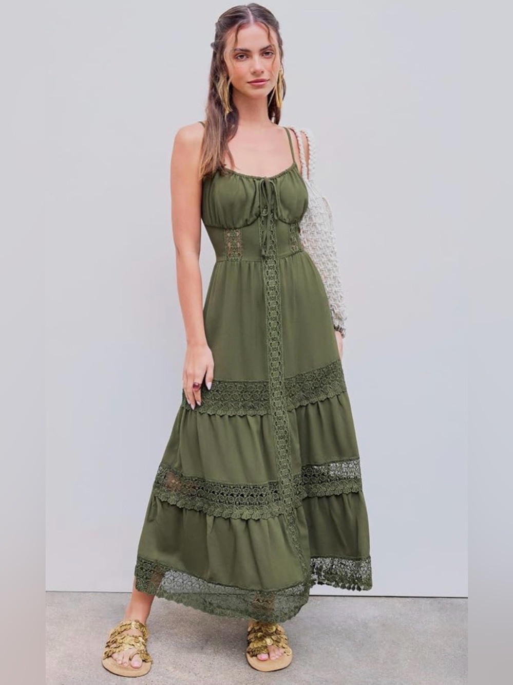 Olive Green Lace-Trim Tiered Maxi Dress